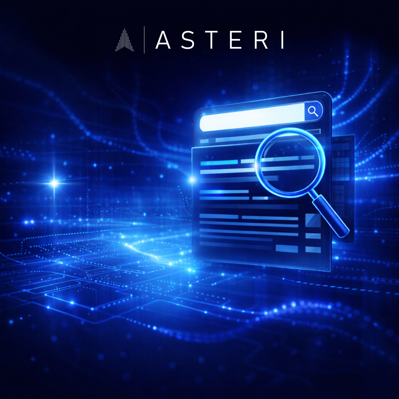 Futuristic blue-toned visual representing AI SEO, featuring a glowing digital search interface with a magnifying glass over structured search results in a high-tech environment.