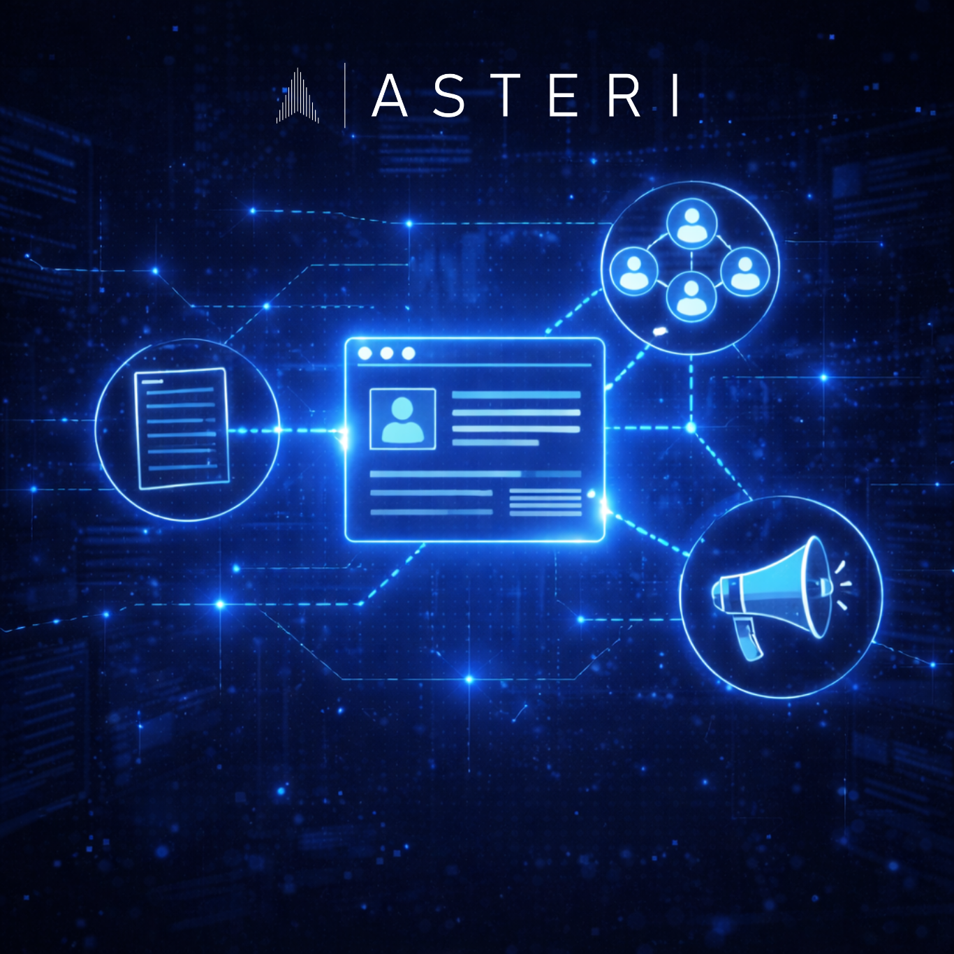 Minimalist blue-toned visual representing entity SEO, featuring a central website interface connected to a few glowing digital nodes in a dark, high-tech environment.